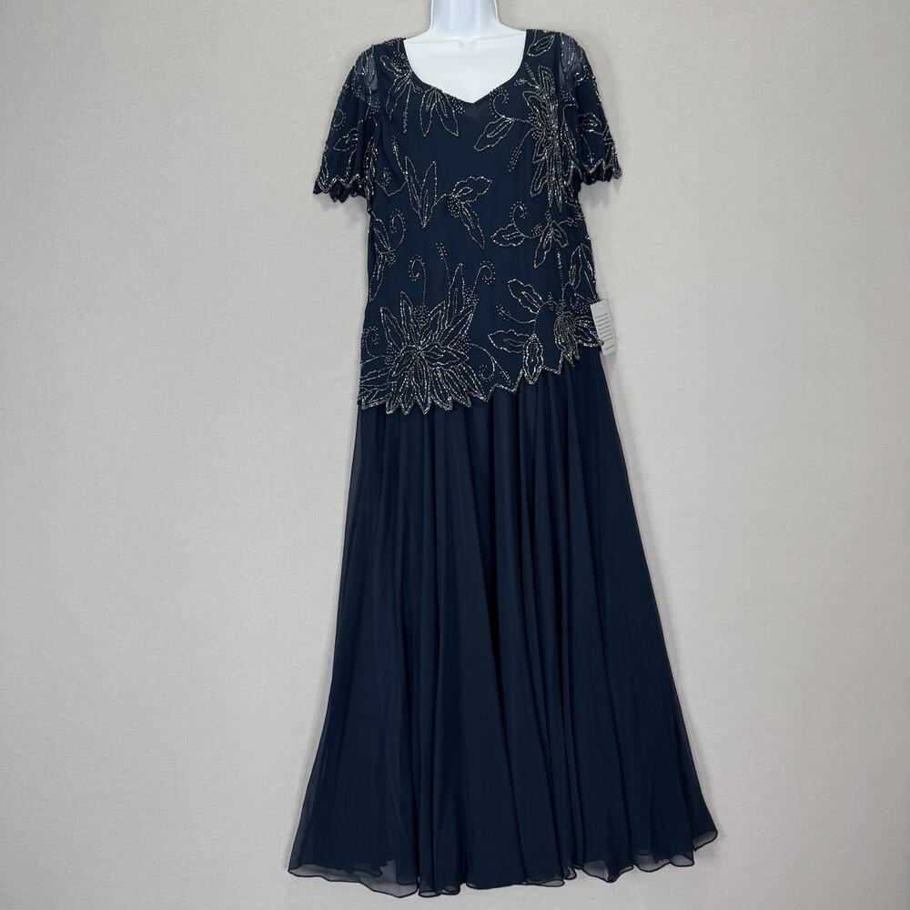JKARA Beaded Flutter Gown Womens 14W Blue Chiffon‎ Formal Mother of Bride Dress